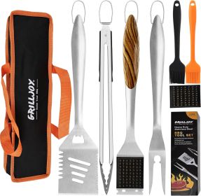 Grilljoy 8PCS Heavy Duty BBQ Grill Tools Set With Extra Thick Stainless Steel Spatula, Fork, Tongs & Cleaning Brush - Complete Barbecue Accessori (Option: Orange-Premium Stainless Steel)